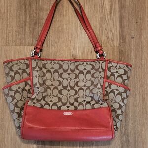 Coach Brown Signature Canvas Tote with Red Leather Trim